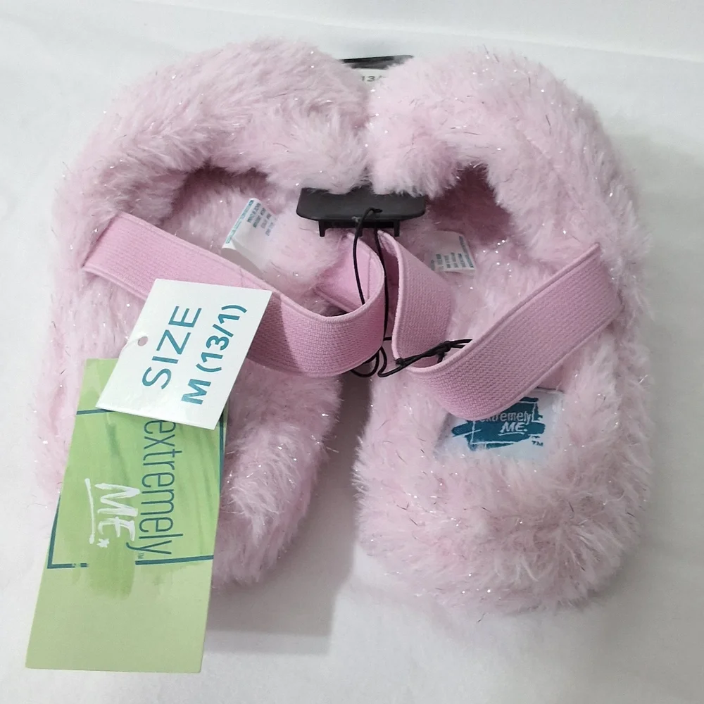 Girls Pink Fuzzy Plush Criss Cross Two Band Slippers, Size M(13/1), New With Tag